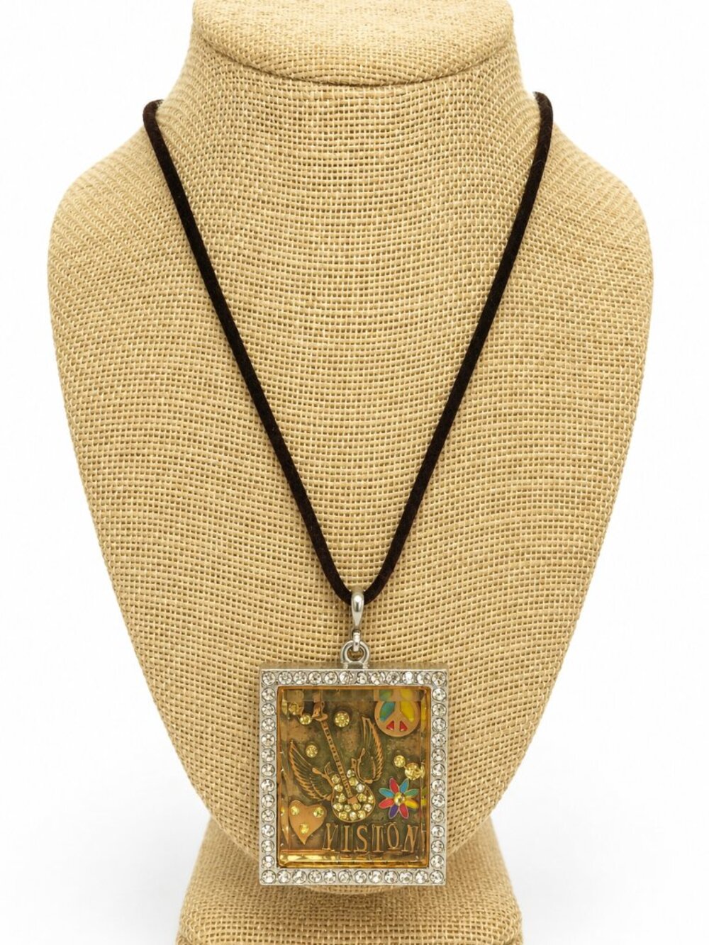 VINTAGE SHADOWBOX PENDANT Necklace Vision Guitar Peace Hippie Cord Rhinestone